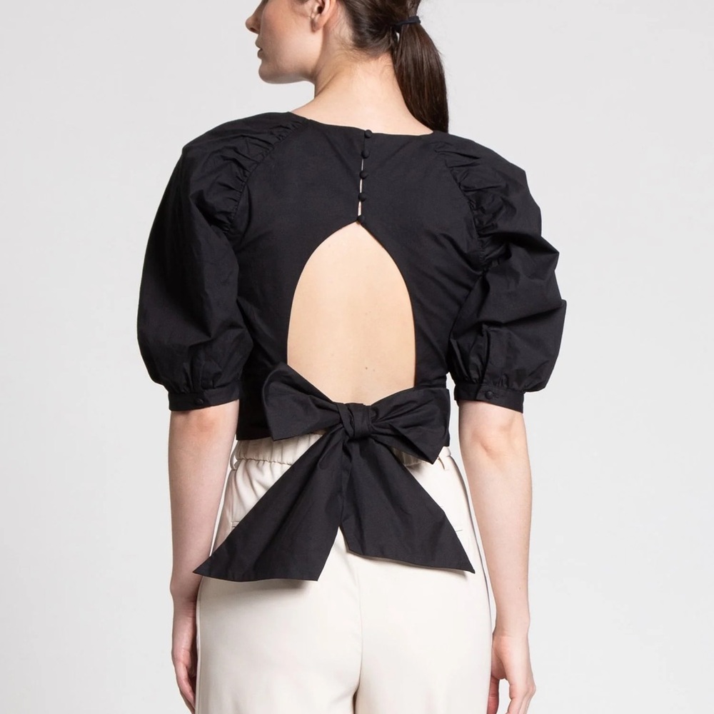 Do+Be Black Cotton Poplin Puff Sleeve Crop Top with Open Back (Size S)